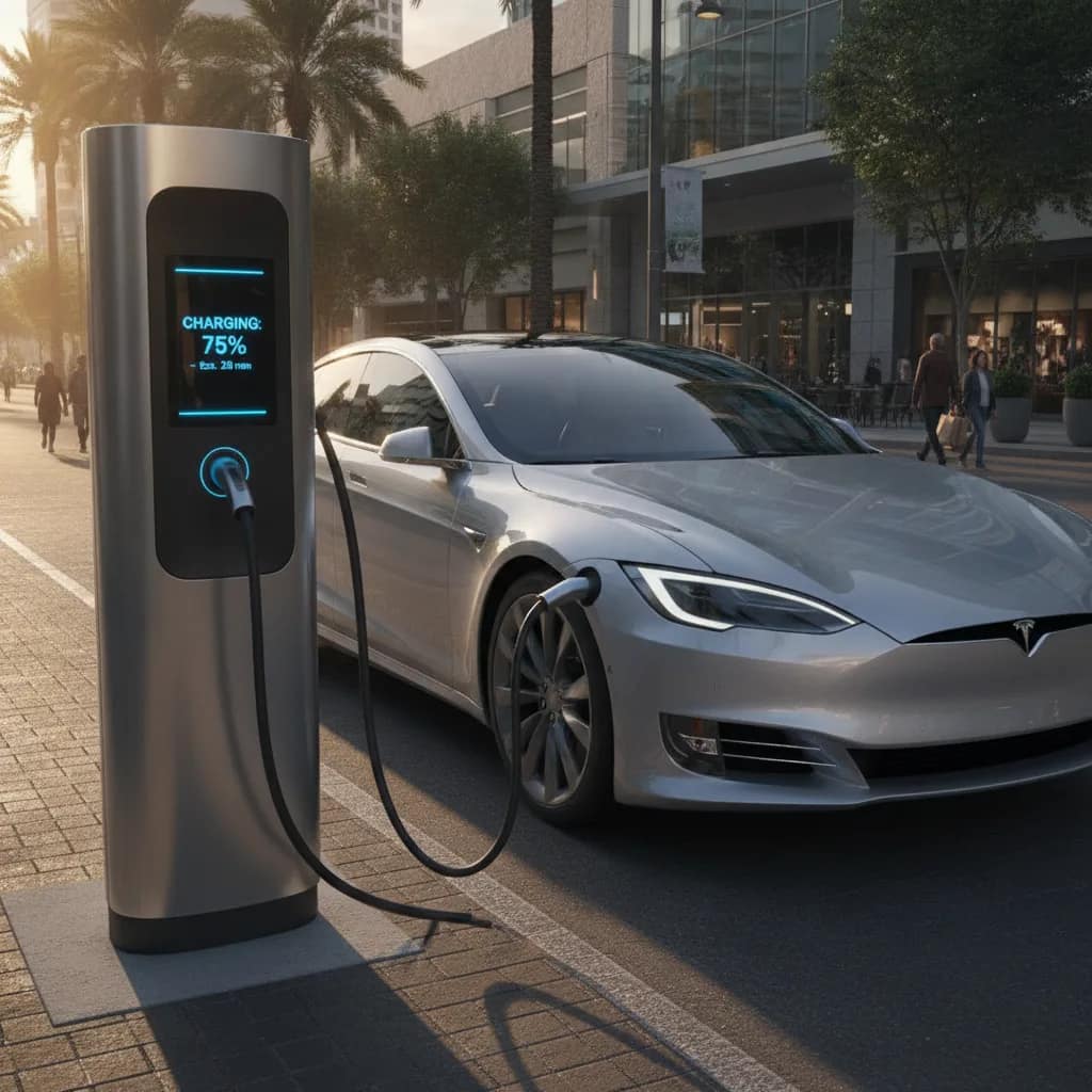 Carro elétrico recarregando em um eletroposto urbano comercial.