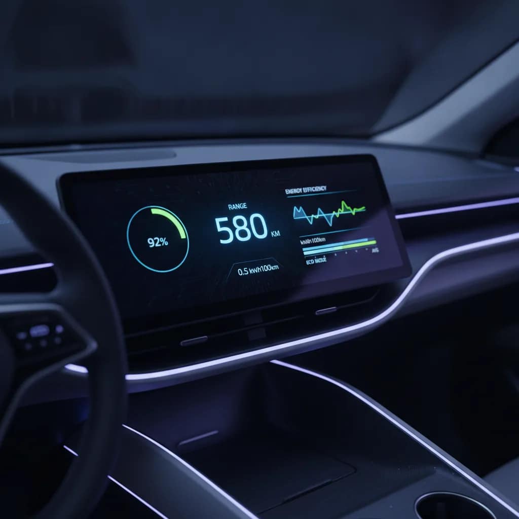 Painel digital de carro elétrico exibindo autonomia restante e gráfico de energia.