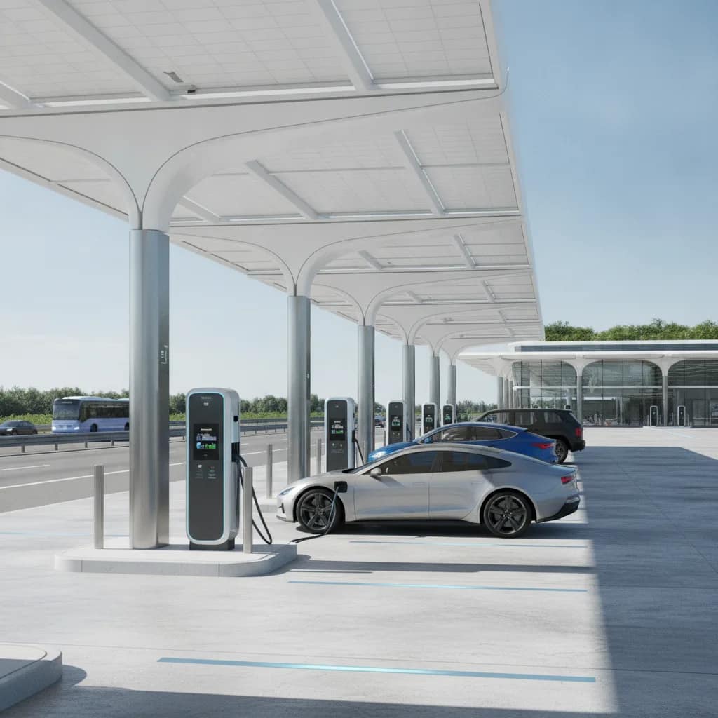 Estação de recarga rápida para carros elétricos localizada em um posto de serviço na rodovia.