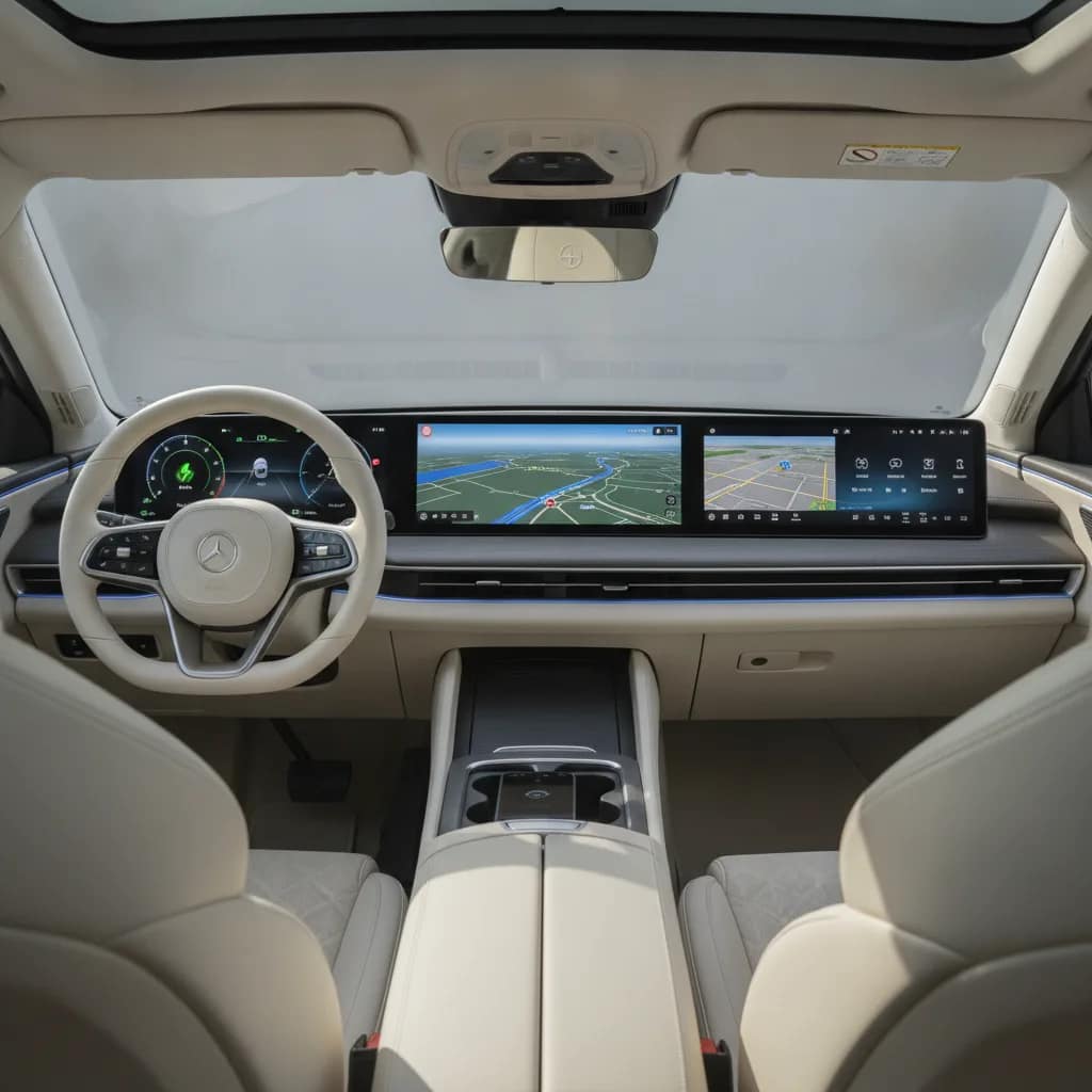 Painel digital de veículo elétrico mostrando autonomia e navegação para viagem rodoviária.