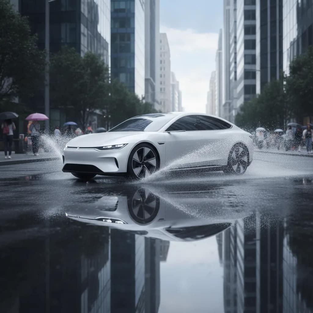 Carro elétrico passando por uma pista molhada em ambiente urbano com segurança.