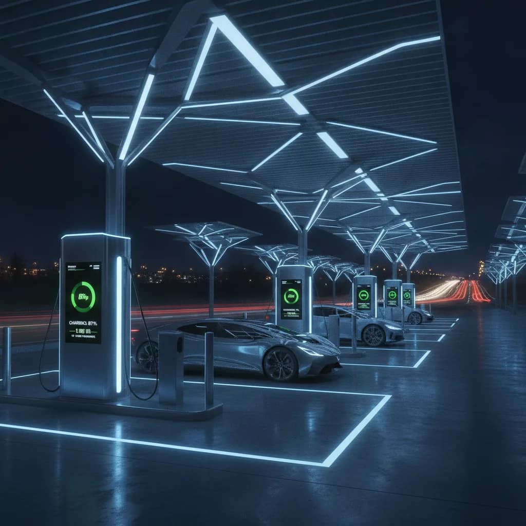 Carro elétrico carregando em uma estação de recarga bem iluminada durante a noite.