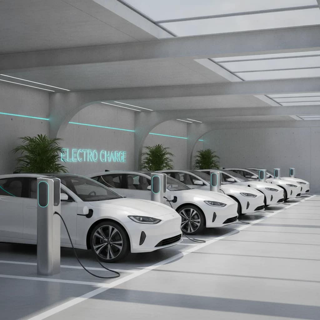 Frota de carros elétricos corporativos alinhados e conectados a estações de recarga.