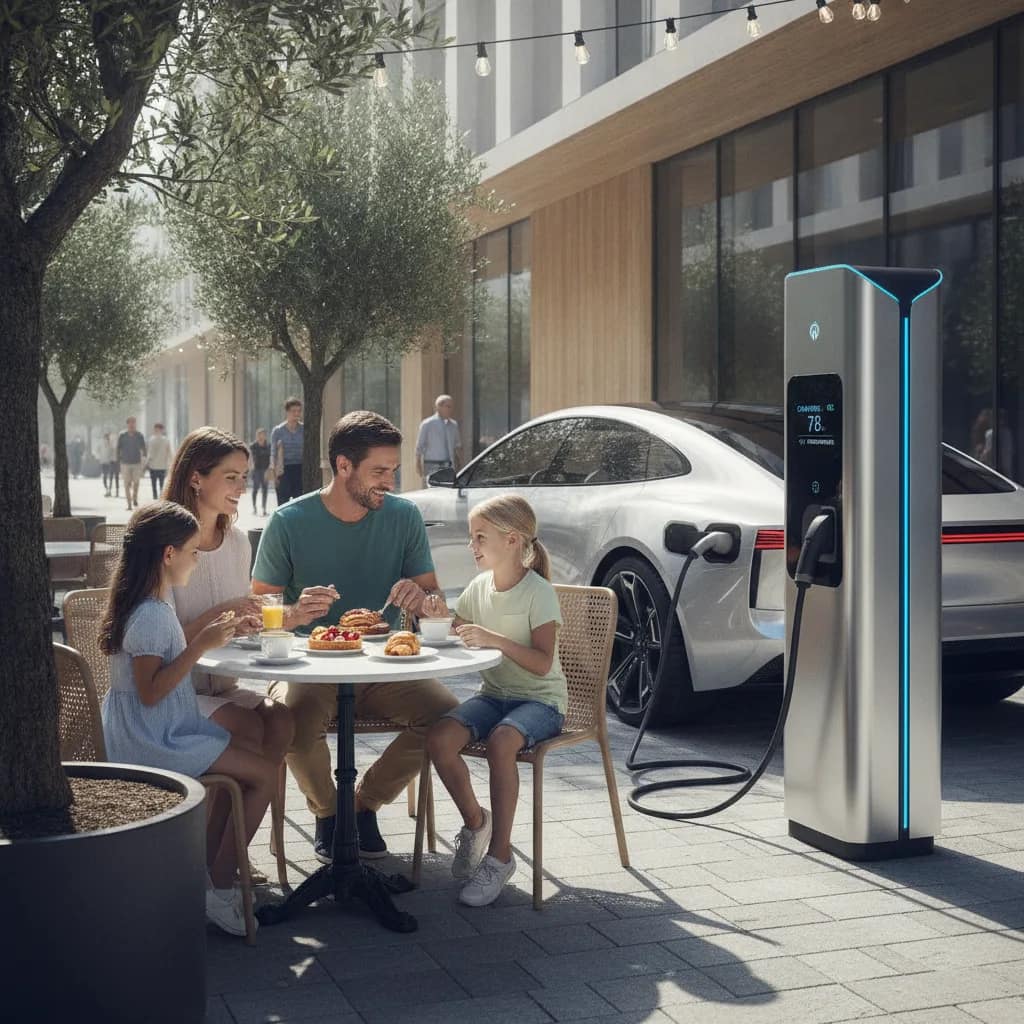 Família lanchando enquanto o carro elétrico recarrega em um posto de conveniência.