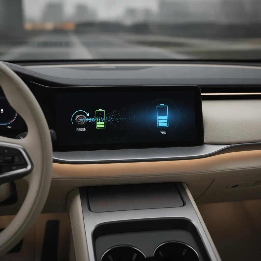 Painel de carro elétrico indicando o fluxo de energia e frenagem regenerativa.