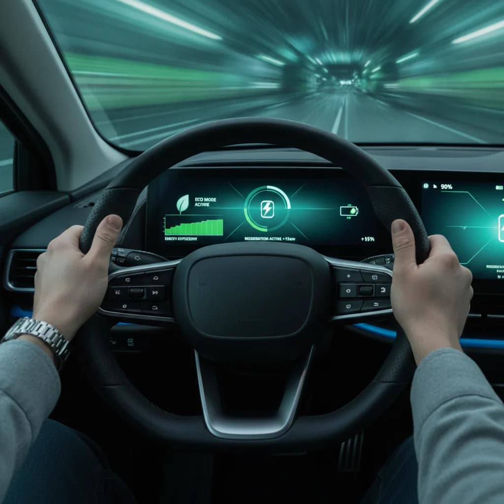 Painel digital de carro elétrico exibindo indicadores de condução ecológica e regeneração de bateria