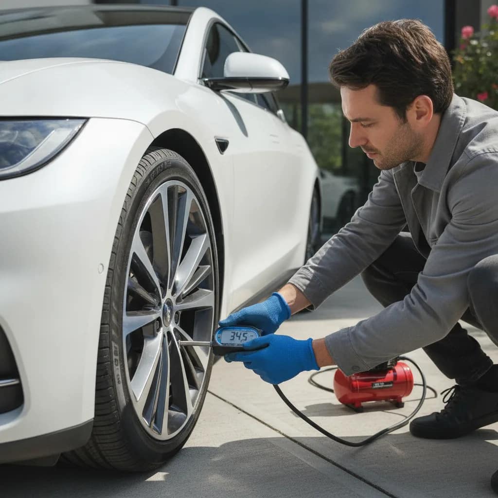 Pessoa verificando a pressão do pneu de um carro elétrico com medidor digital.