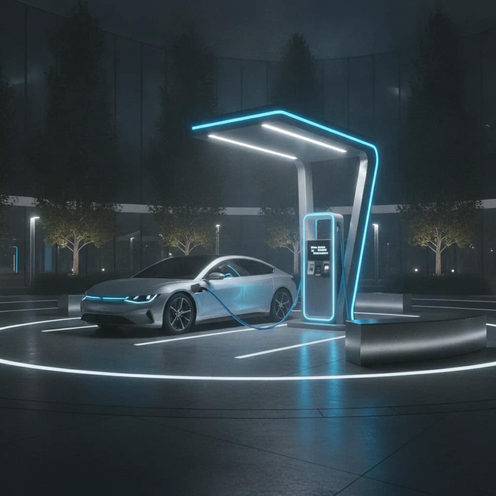 Carro elétrico conectado a uma estação de carregamento rápido iluminada à noite.