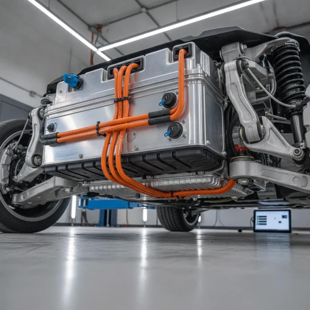 Detalhe do compartimento técnico e cabos de alta voltagem de um carro elétrico.