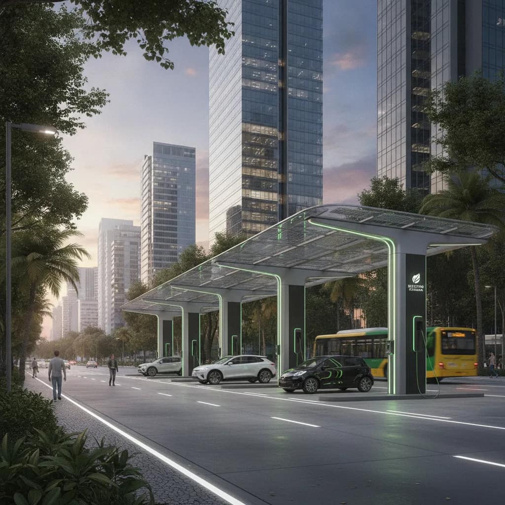 Estação de recarga para carros elétricos em área urbana