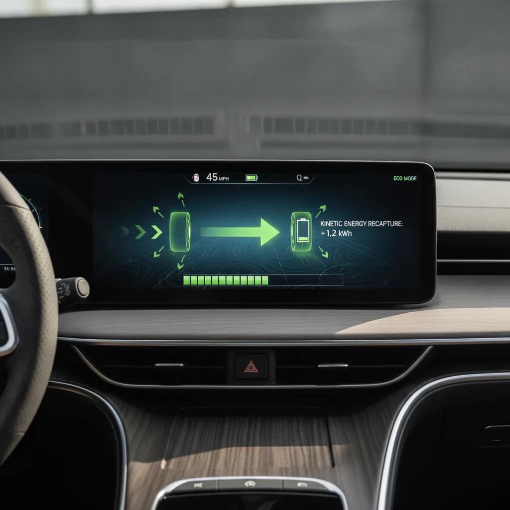 Painel de carro elétrico mostrando o fluxo de energia da frenagem regenerativa.