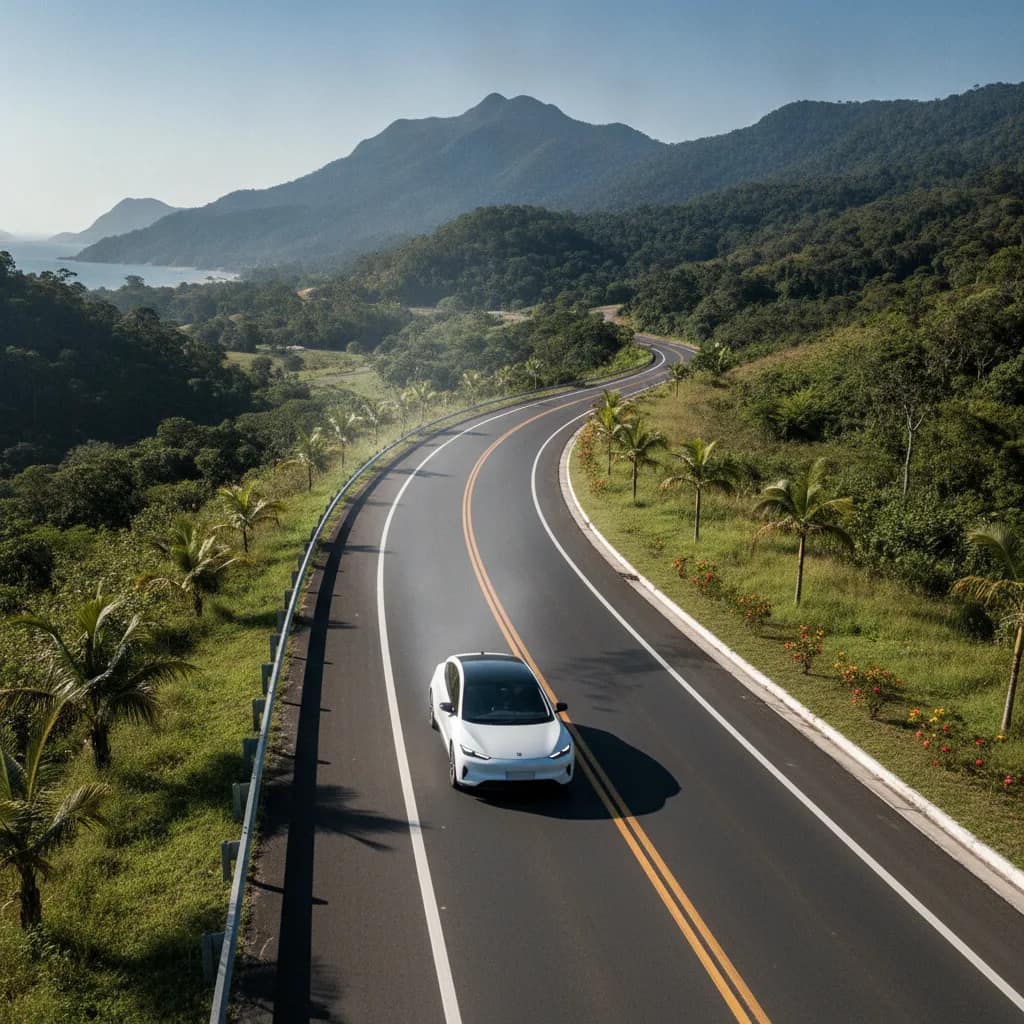 Carro elétrico moderno rodando em uma rodovia cercada por paisagem natural.