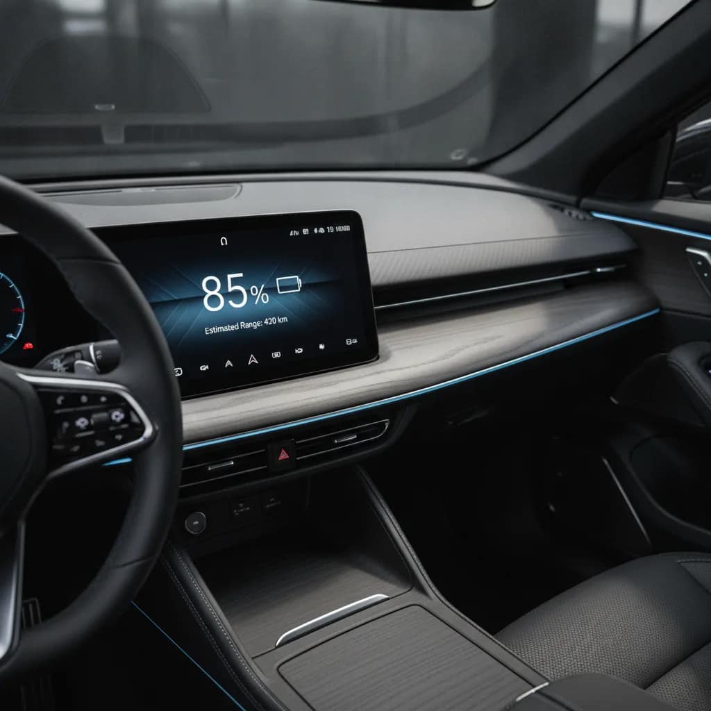 Painel digital de carro elétrico mostrando percentual da bateria e autonomia disponível.