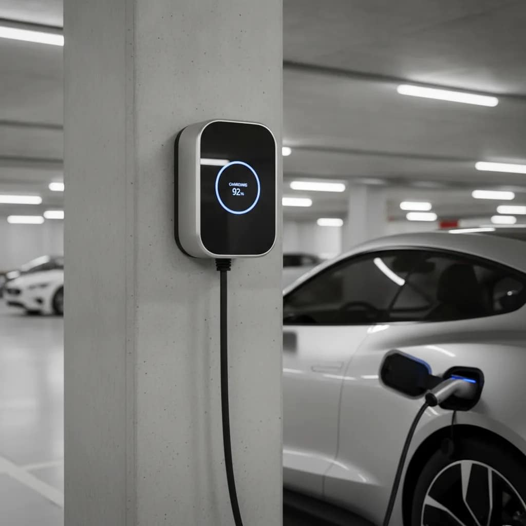 Estação de carregamento wallbox instalada em coluna de garagem residencial.