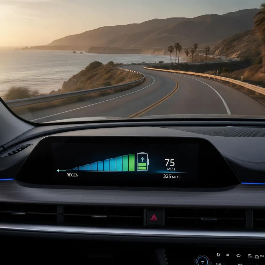 Painel de instrumento de carro elétrico indicando regeneração de bateria na estrada