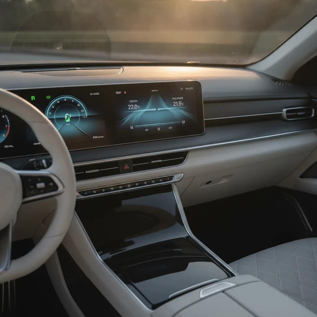 Painel digital de um carro elétrico exibindo o controle de temperatura do ar-condicionado.