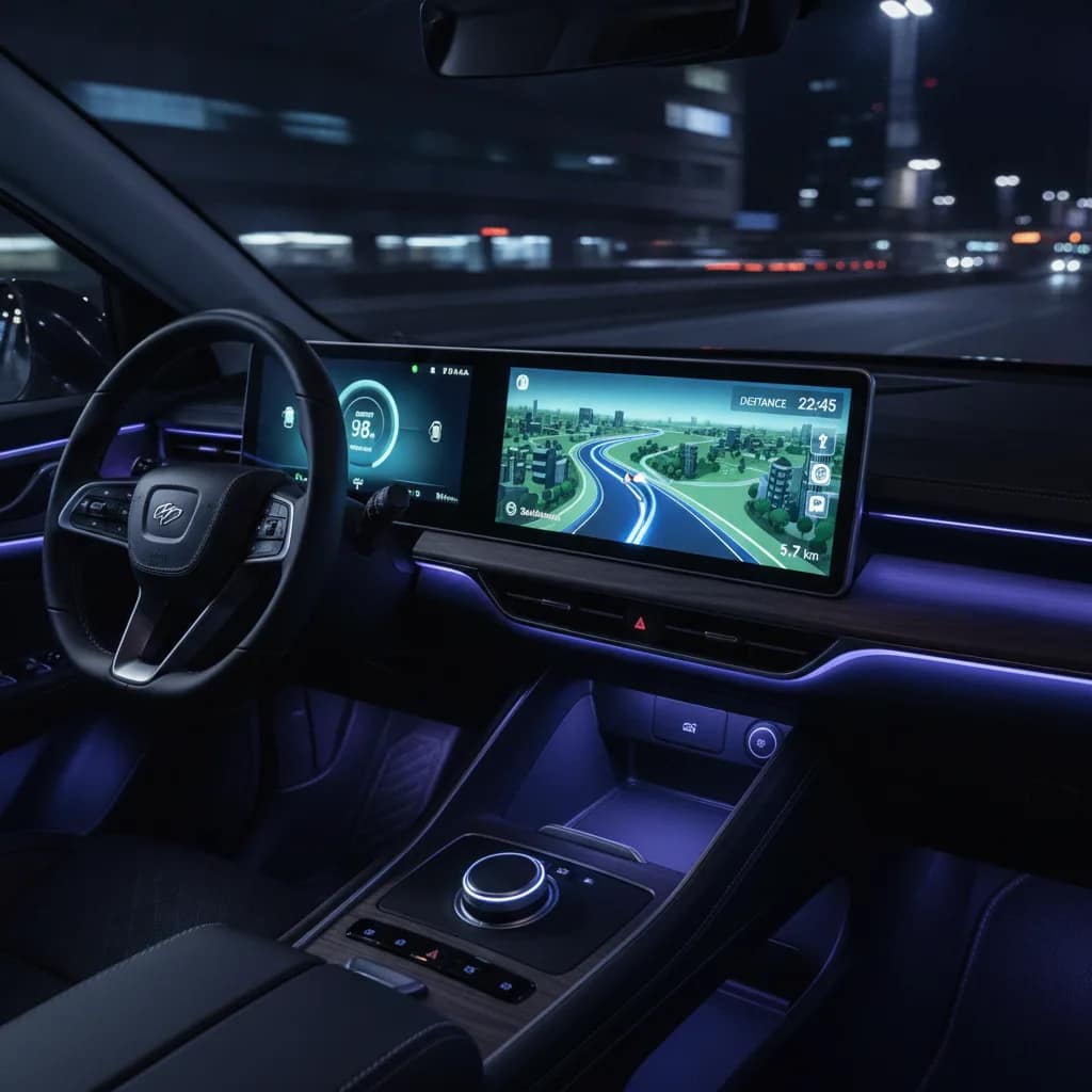 Painel digital de carro elétrico exibindo mapa de navegação e nível de bateria em viagem noturna.