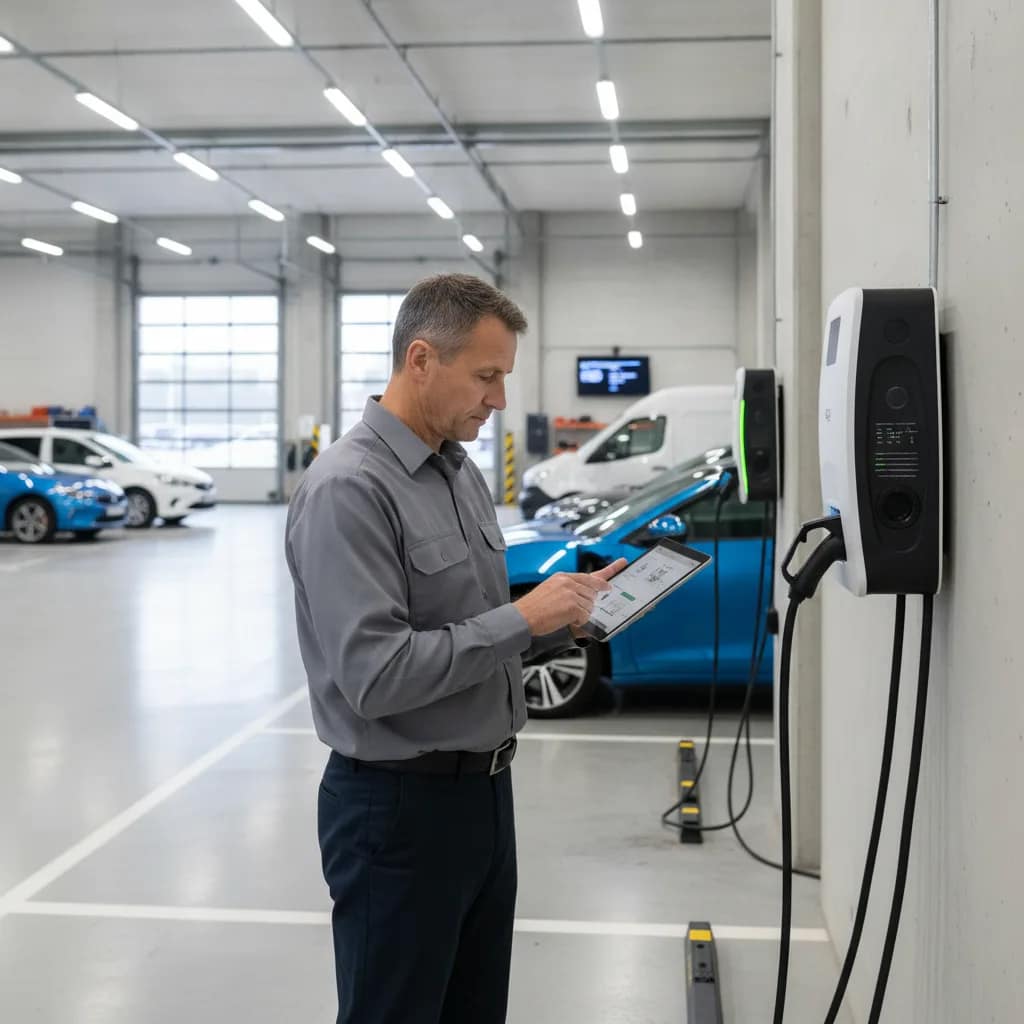 Gestor de frota inspecionando o carregamento de um carro elétrico empresarial com tablet.
