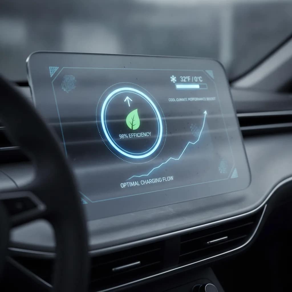 Painel de controle exibindo eficiência da bateria de carro elétrico em clima ameno.