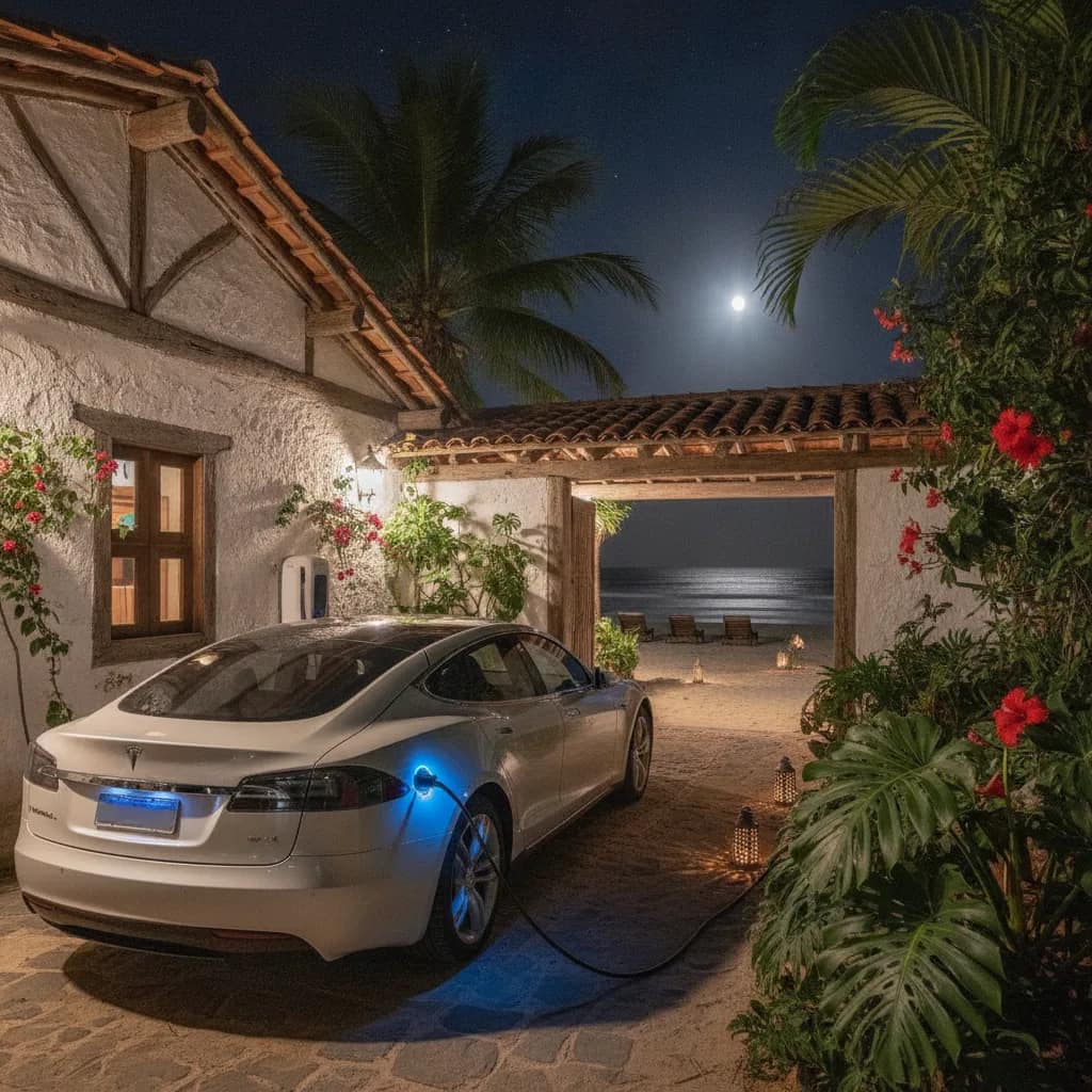 Carro elétrico recarregando à noite no estacionamento de uma pousada