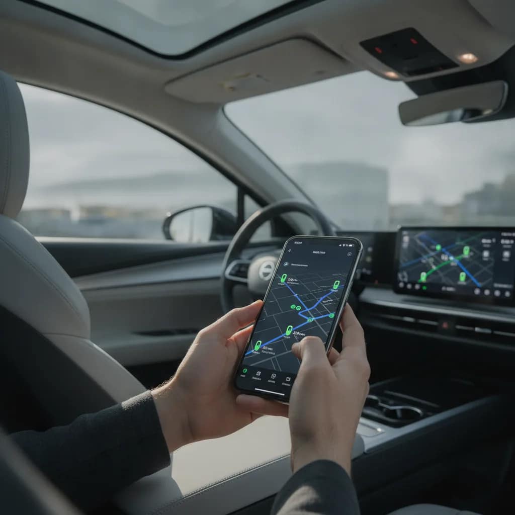 Pessoa utilizando aplicativo de navegação e mapa de recarga dentro de um carro elétrico.