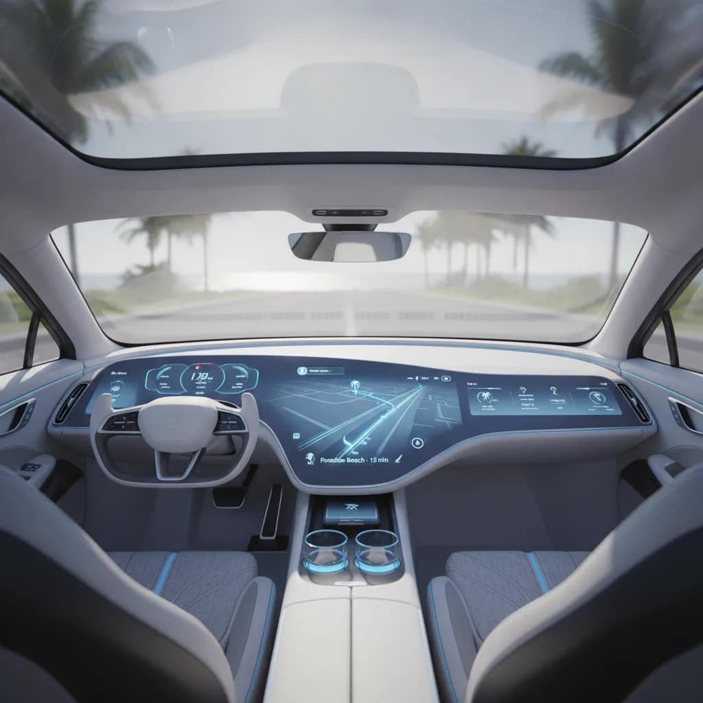 Painel tecnológico de carro elétrico exibindo navegação de rota para a praia