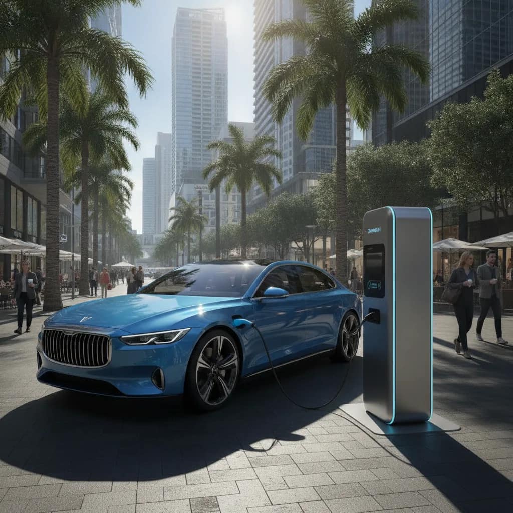 Sedã elétrico premium estacionado e conectado ao carregador elétrico antes da viagem