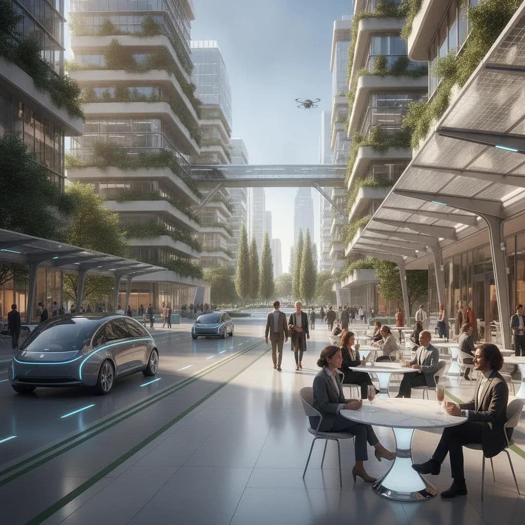 Pessoas aproveitando uma área urbana tranquila com tráfego de carros elétricos silenciosos.