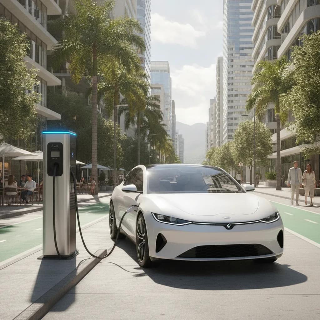 Carro elétrico recarregando em ponto de carregamento rápido urbano.