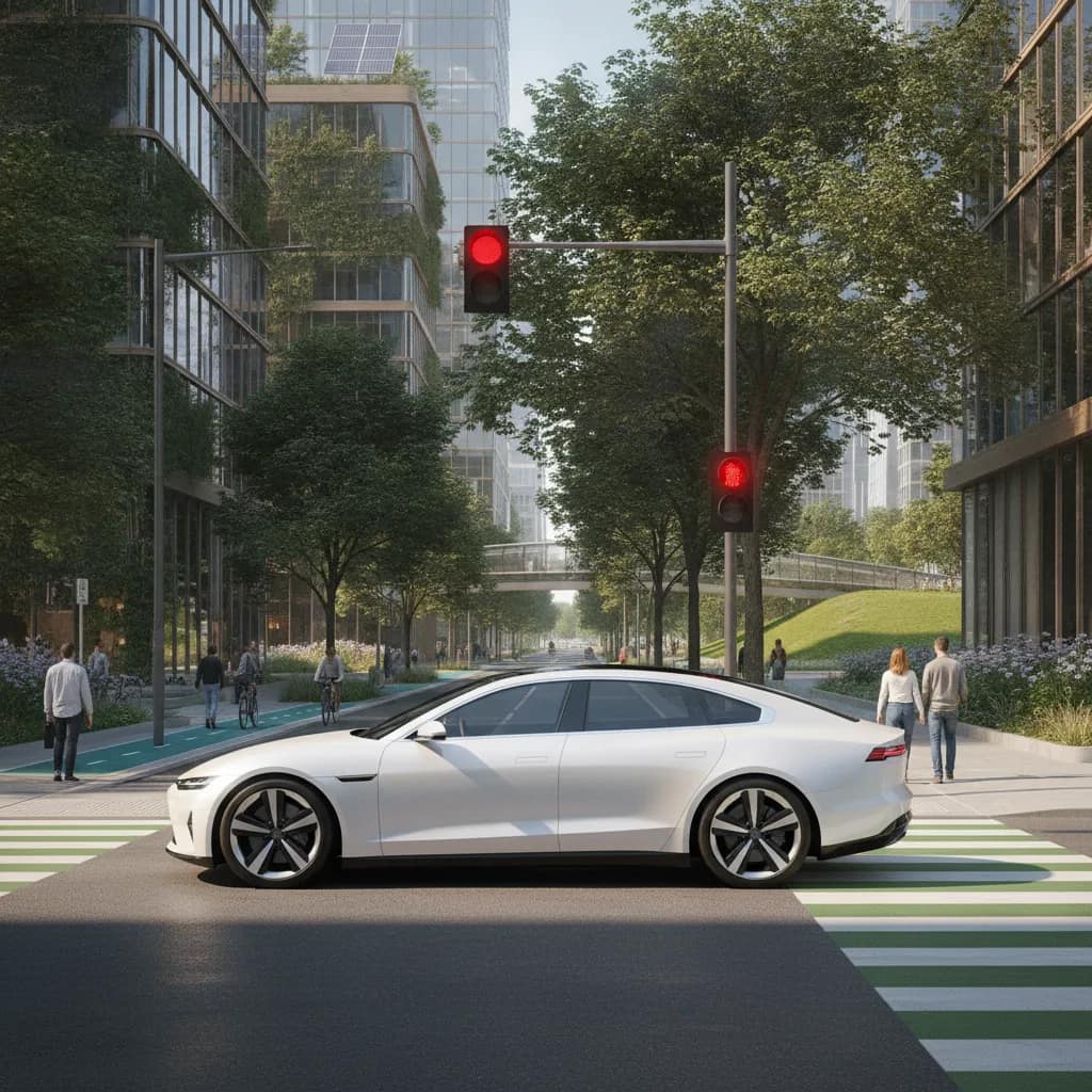 Veículo elétrico parado no trânsito urbano em uma cidade moderna e arborizada.