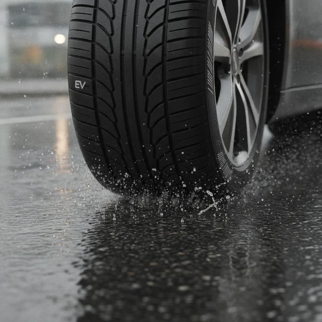 Detalhe do pneu de um carro elétrico escoando água no asfalto molhado.