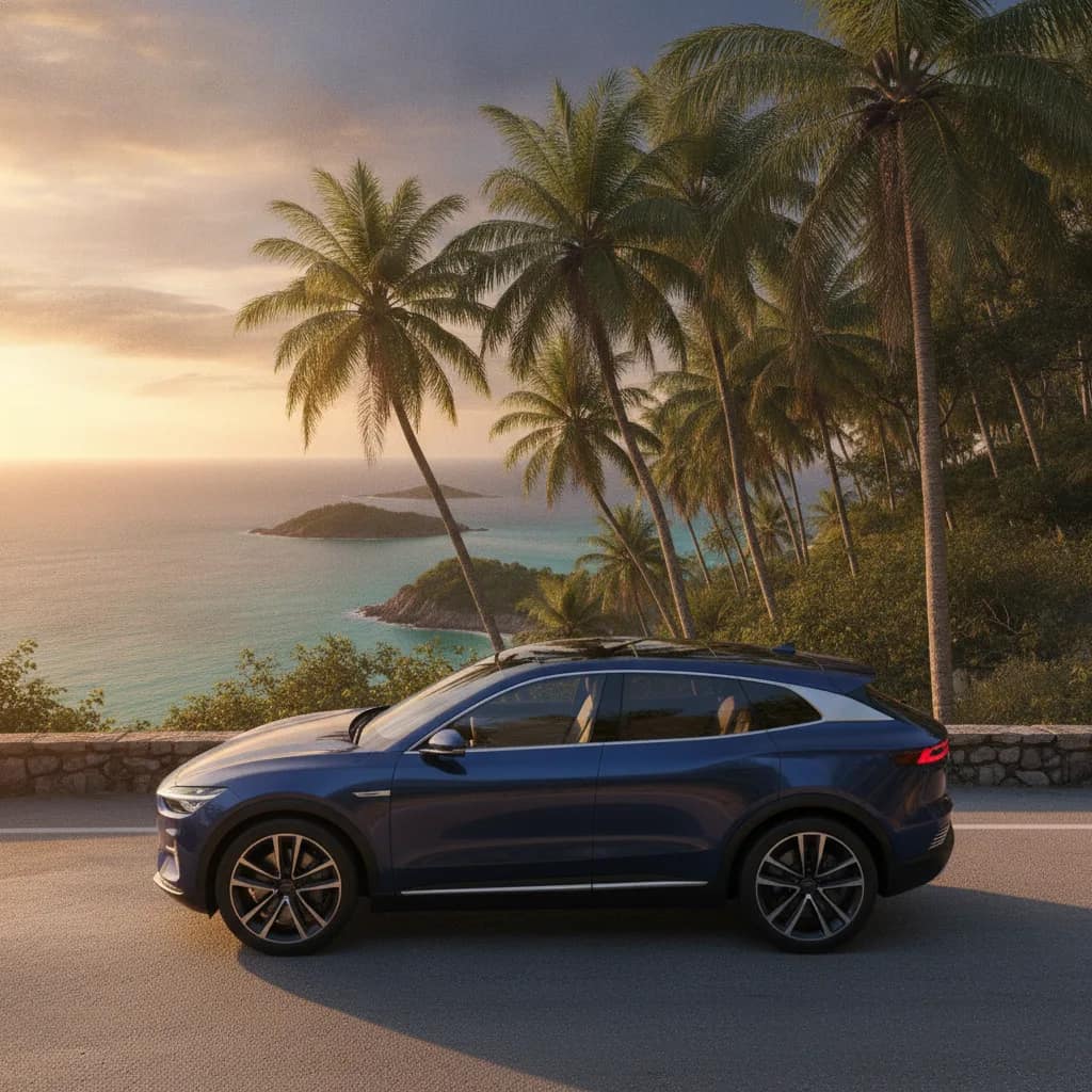 SUV elétrico estacionado em ponto panorâmico na estrada durante viagem