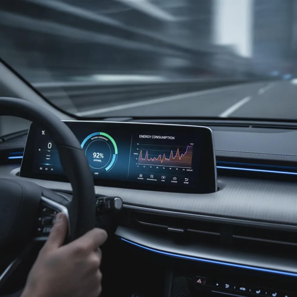 Painel digital de carro elétrico mostrando dados de consumo de energia e eficiência.