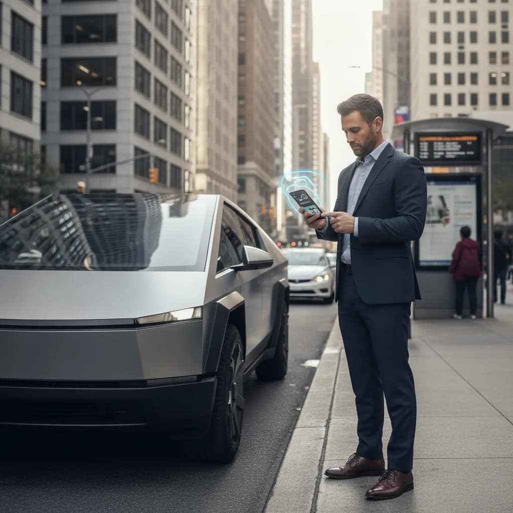 Pessoa utilizando aplicativo no celular ao lado de um carro elétrico moderno em ambiente urbano.