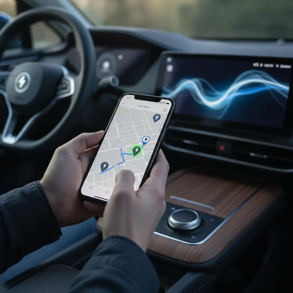 Mapa interativo de estações de carregamento para carros elétricos exibido na tela de um celular.