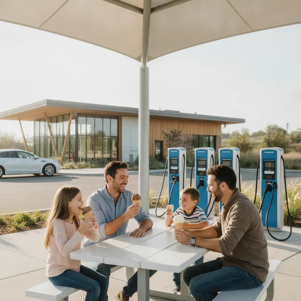 Família tomando sorvete na área externa de uma estação de serviço enquanto o carro elétrico recarrega.