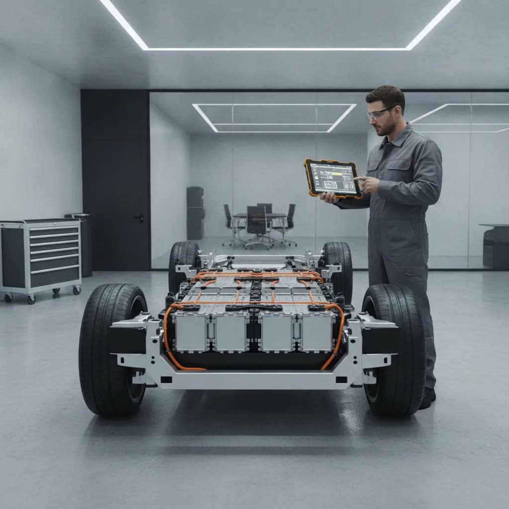 Técnico utilizando tablet diagnóstico para verificar a bateria do carro elétrico.