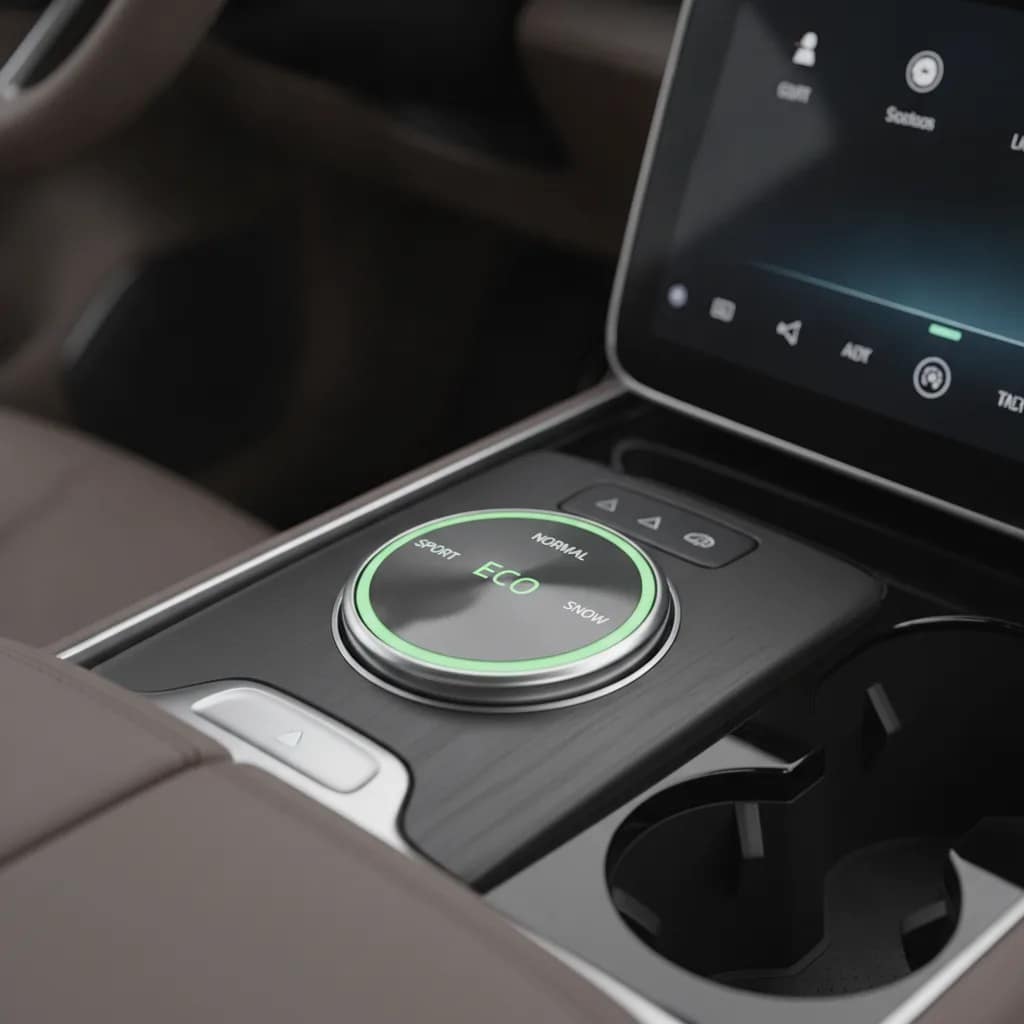 Botão seletor de modo de condução Eco no console central de um carro elétrico.