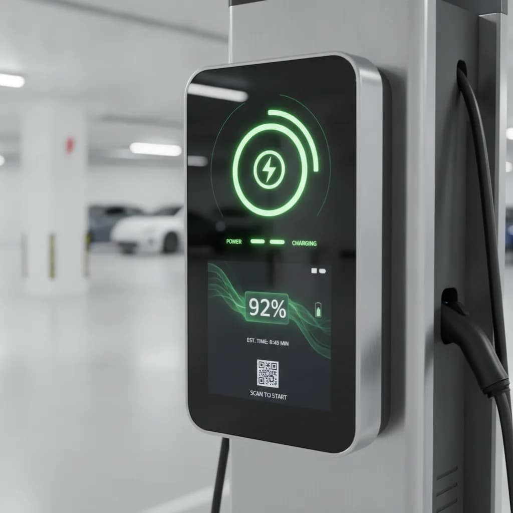 Estação de carregamento para carros elétricos localizada em estacionamento urbano.