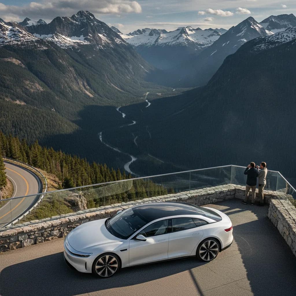 Carro elétrico estacionado em um mirante de serra com vista para o vale.