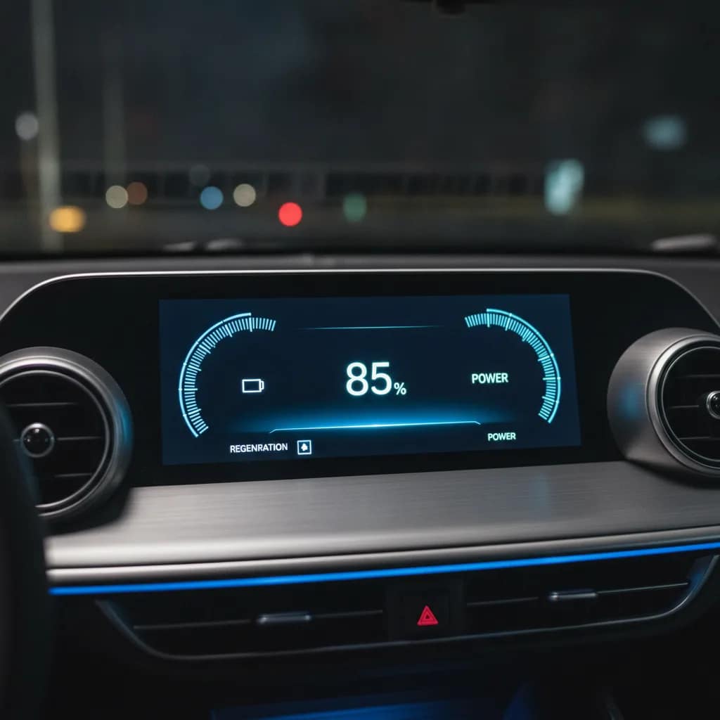 Painel digital de carro elétrico mostrando nível de bateria e medidor de regeneração de energia.