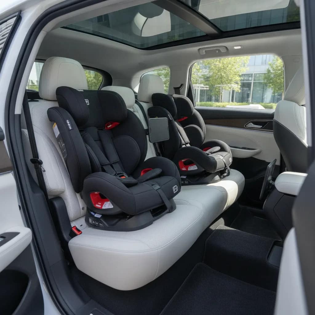 Espaço interno do banco traseiro de um SUV elétrico com cadeirinha infantil instalada