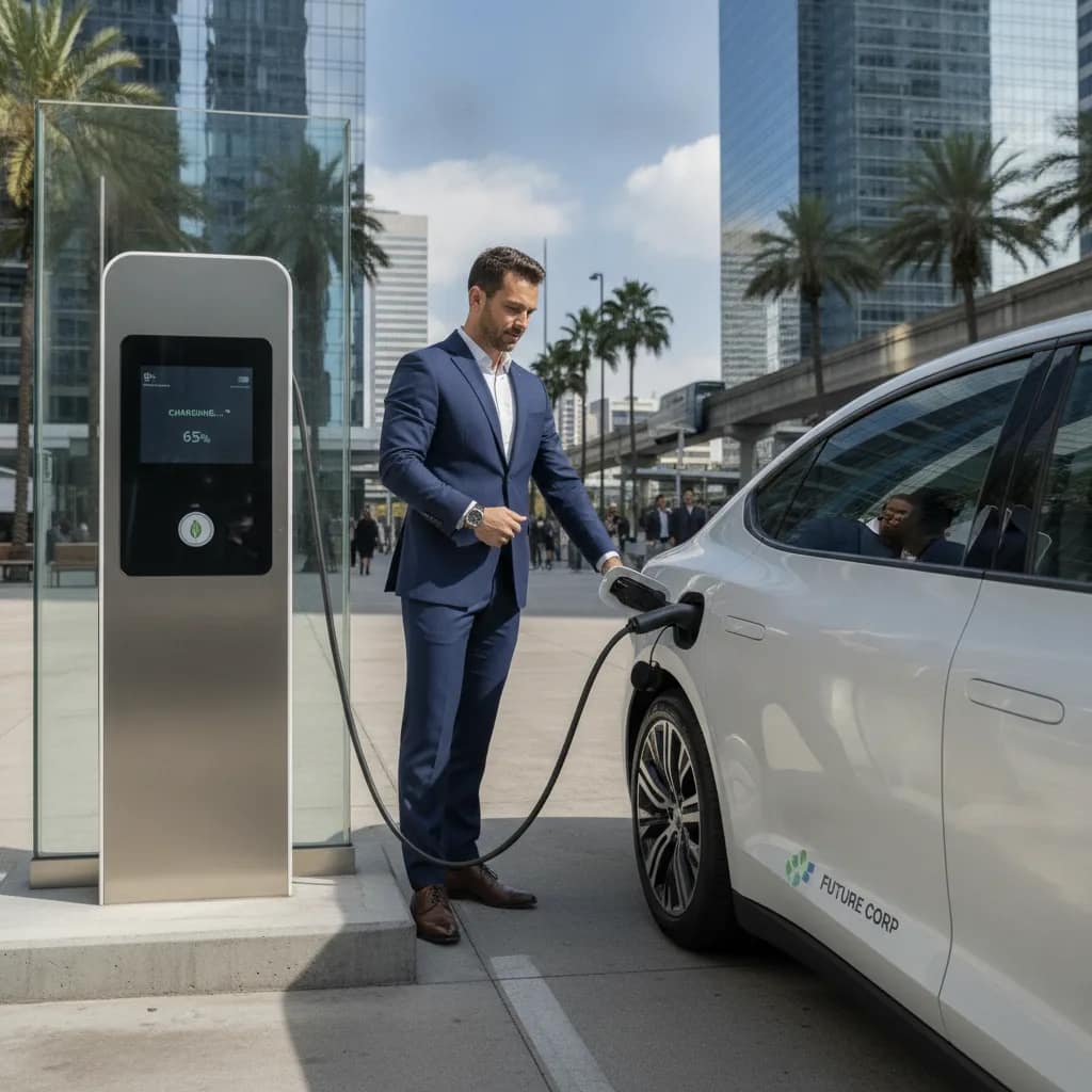 Profissional conectando cabo de carregamento em carro elétrico de frota corporativa.