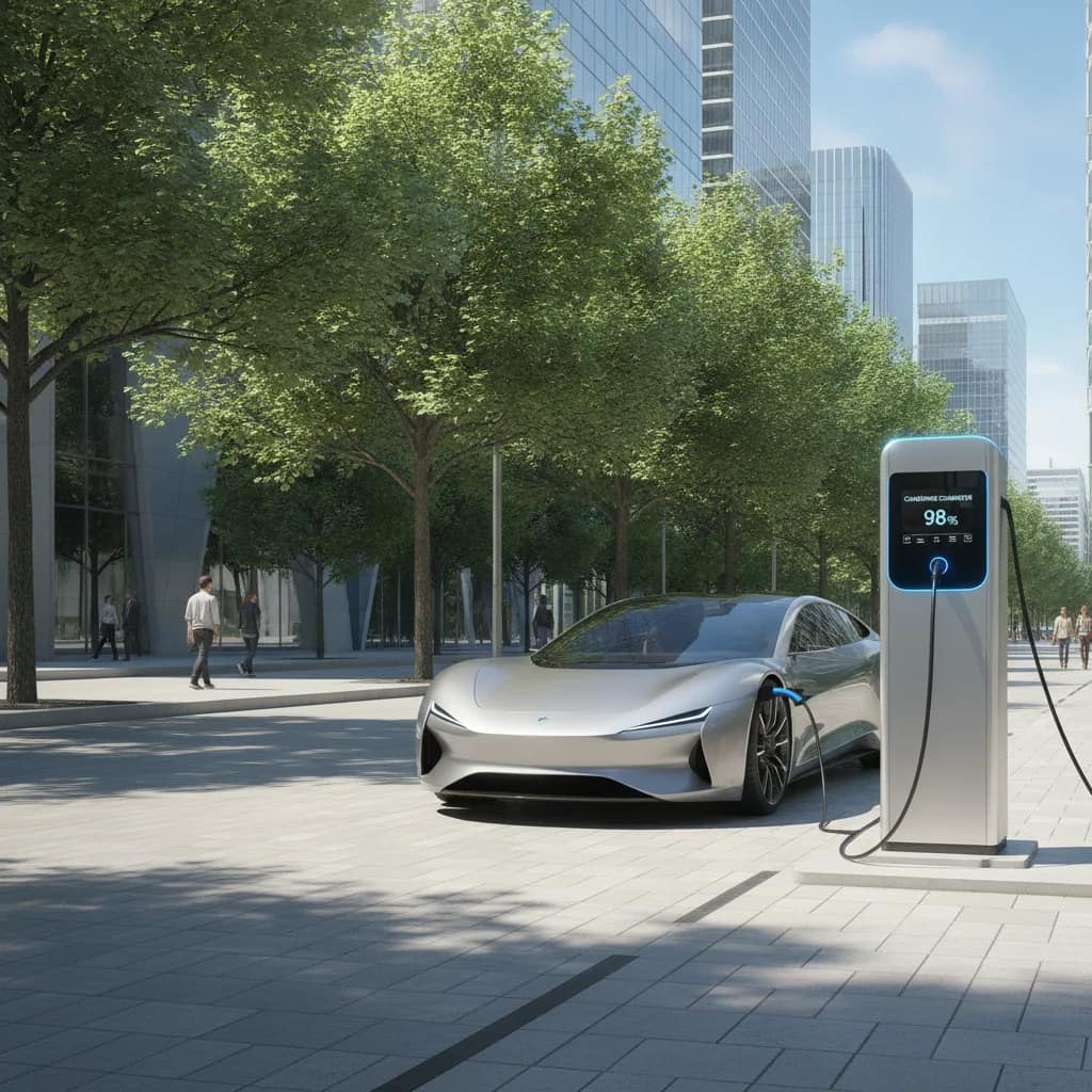 Carro elétrico conectado a um ponto de recarga urbano.
