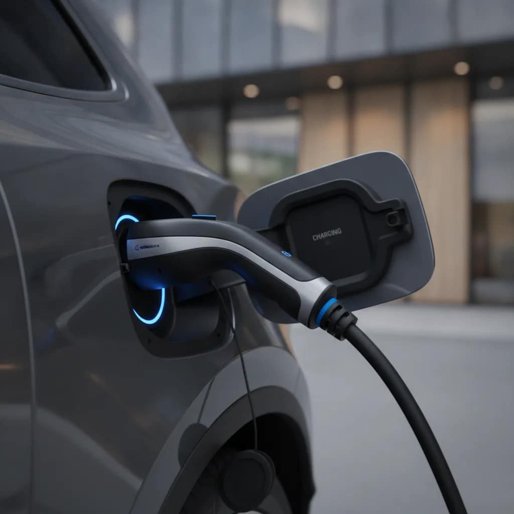 Cabo de carregador rápido conectado ao bocal de recarga do SUV elétrico.