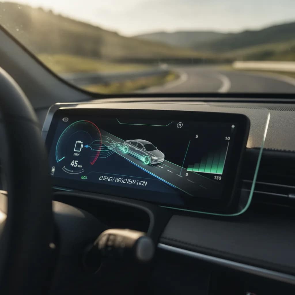 Painel digital de carro elétrico exibindo o gráfico de fluxo da frenagem regenerativa.