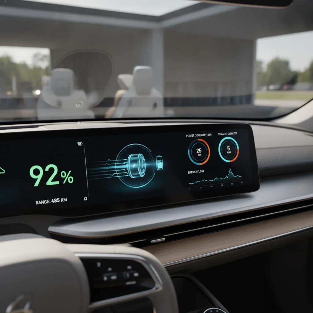Painel digital de carro elétrico exibindo nível de bateria e consumo de energia.