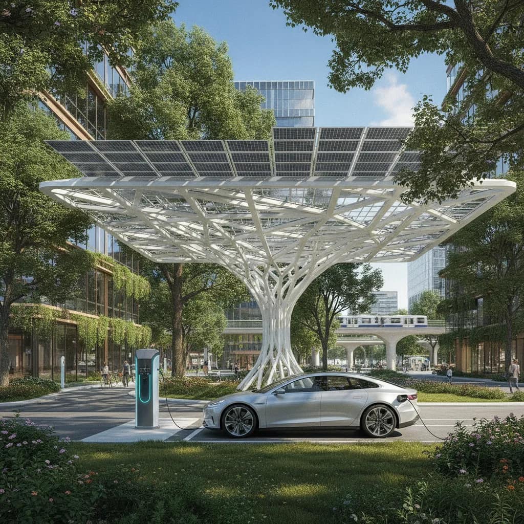 Carro elétrico carregando em ponto urbano cercado por vegetação e painéis solares.