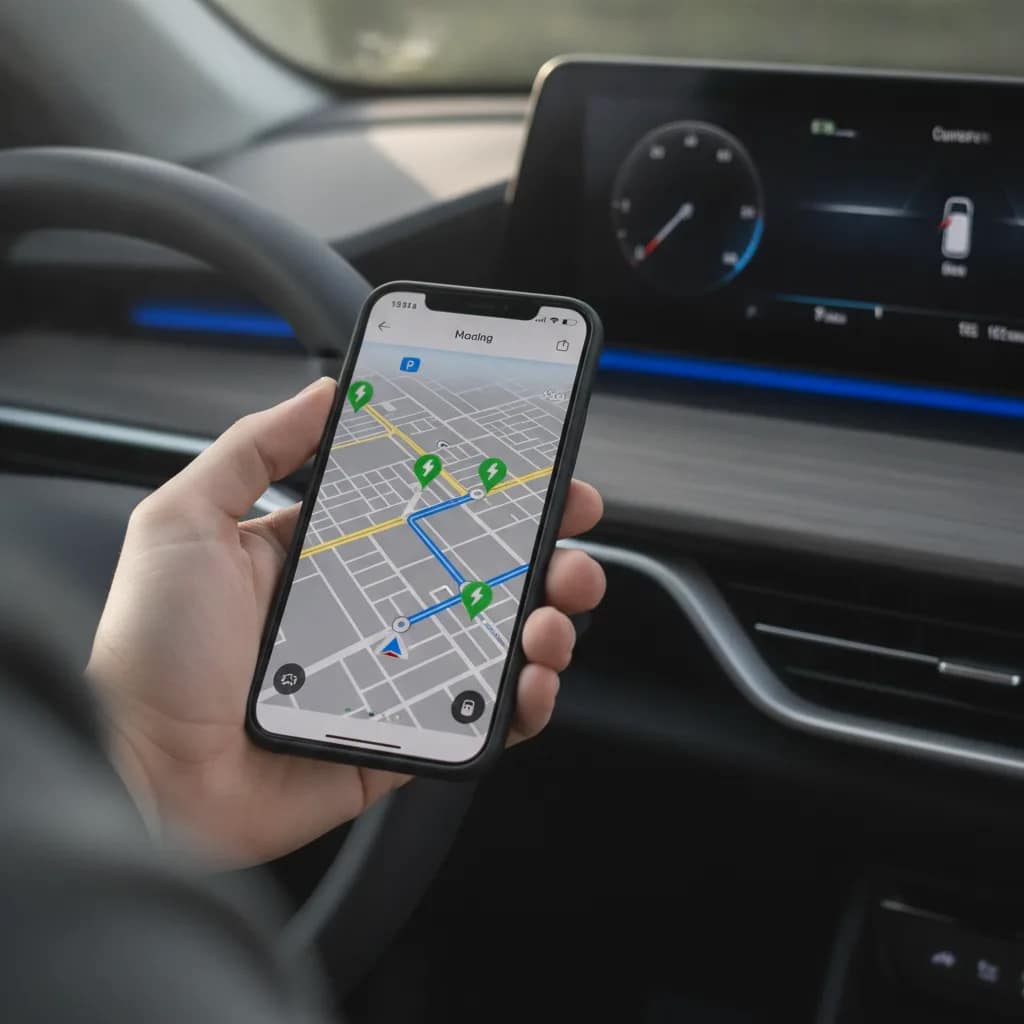 Motorista utilizando aplicativo de mapa e rota dentro do carro elétrico.