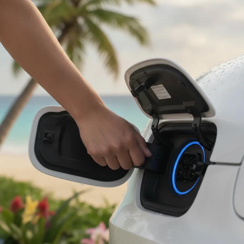 Detalhe da porta de carregamento de um carro elétrico próximo à praia